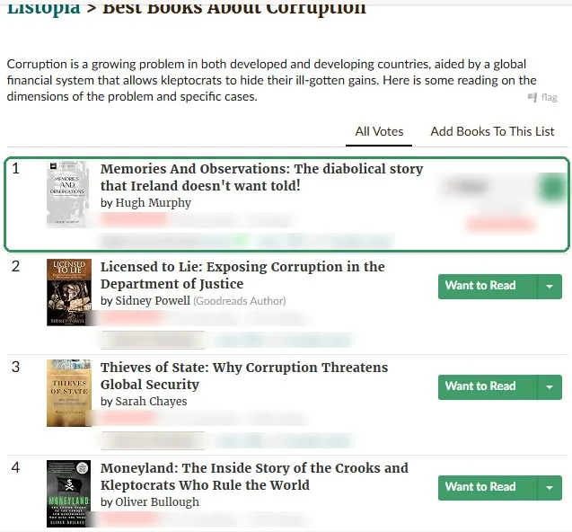 Goodreads list screenshot: number 1 on Best Books About Corruption