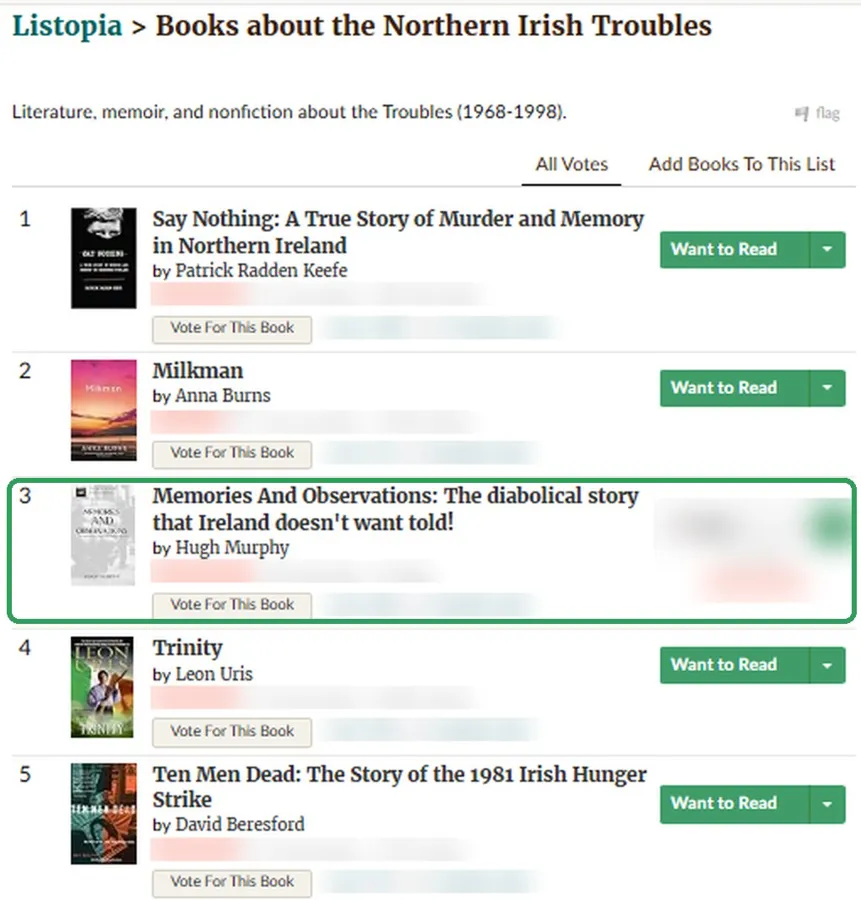 Goodreads list screenshot: number 3 on Books about the Northern Irish Troubles
